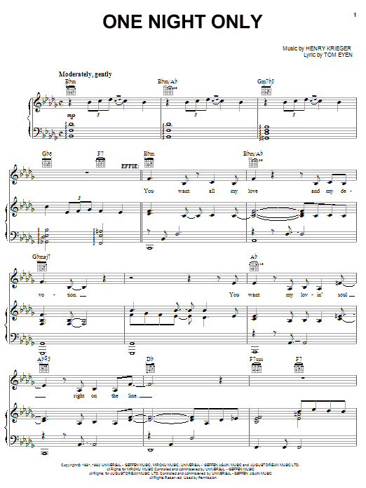 Tom Eyen One Night Only Sheet Music Notes & Chords for Piano, Vocal & Guitar (Right-Hand Melody) - Download or Print PDF