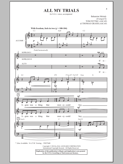 Tom Fettke All My Trials Sheet Music Notes & Chords for SSA - Download or Print PDF