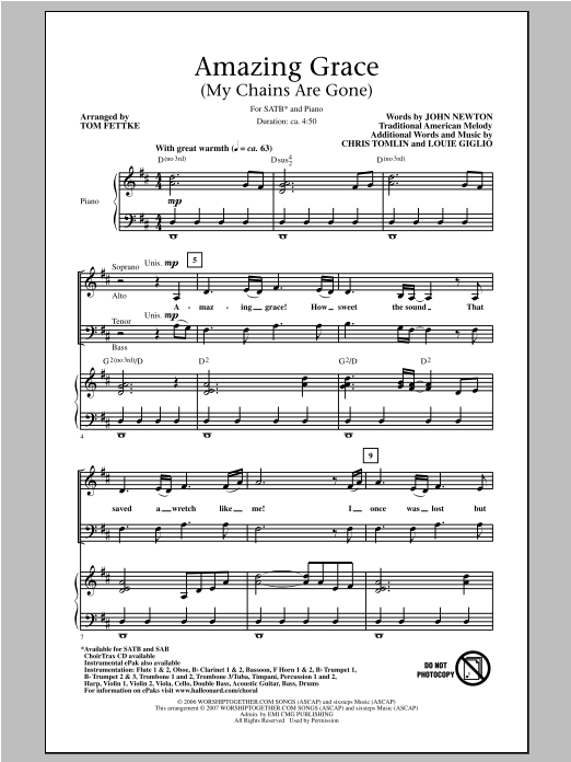 Tom Fettke Amazing Grace (My Chains Are Gone) Sheet Music Notes & Chords for SATB - Download or Print PDF
