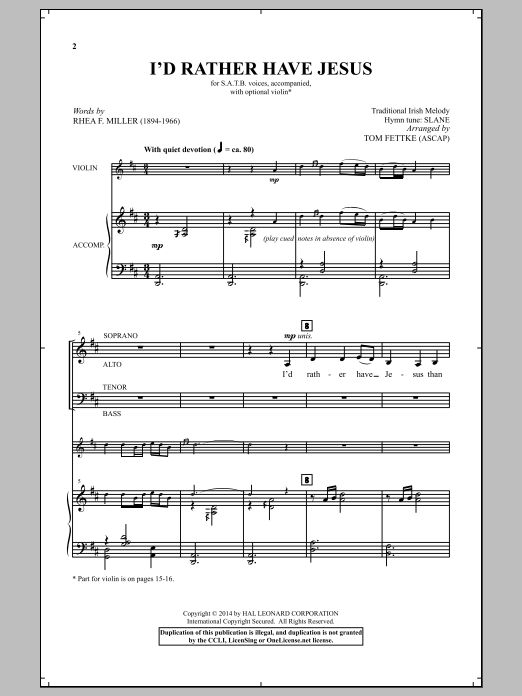 Tom Fettke I'd Rather Have Jesus Sheet Music Notes & Chords for SATB - Download or Print PDF