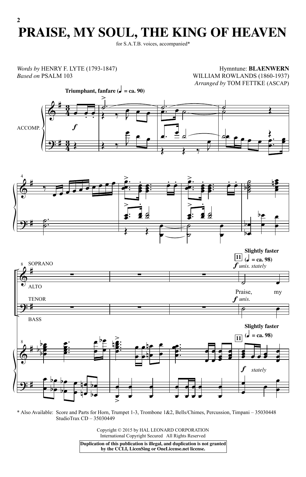 William Rowlands Praise, My Soul, The King Of Heaven (arr. Tom Fettke) Sheet Music Notes & Chords for SATB - Download or Print PDF
