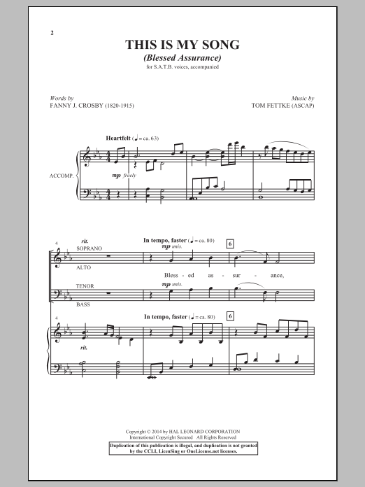 Tom Fettke This Is My Song (Blessed Assurance) Sheet Music Notes & Chords for SATB - Download or Print PDF