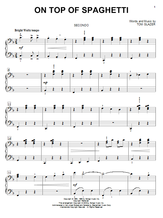 Tom Glazer On Top Of Spaghetti Sheet Music Notes & Chords for Easy Piano - Download or Print PDF