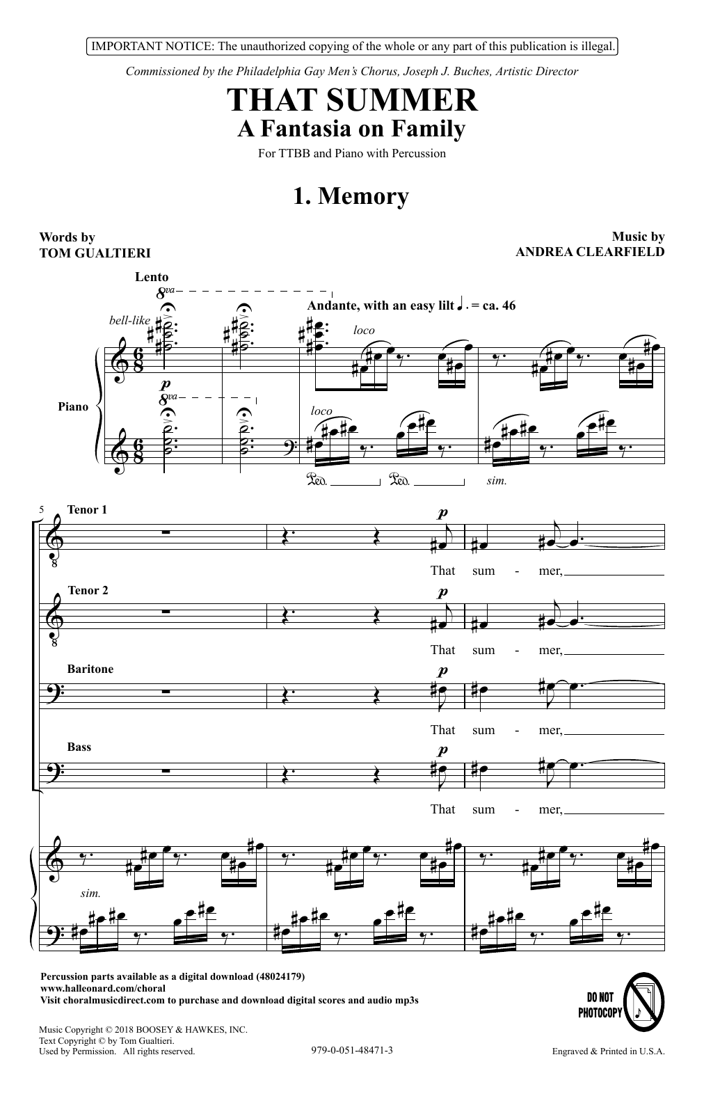 Tom Gualtieri & Andrea Clearfield That Summer: A Fantasia On Family Sheet Music Notes & Chords for TTBB Choir - Download or Print PDF