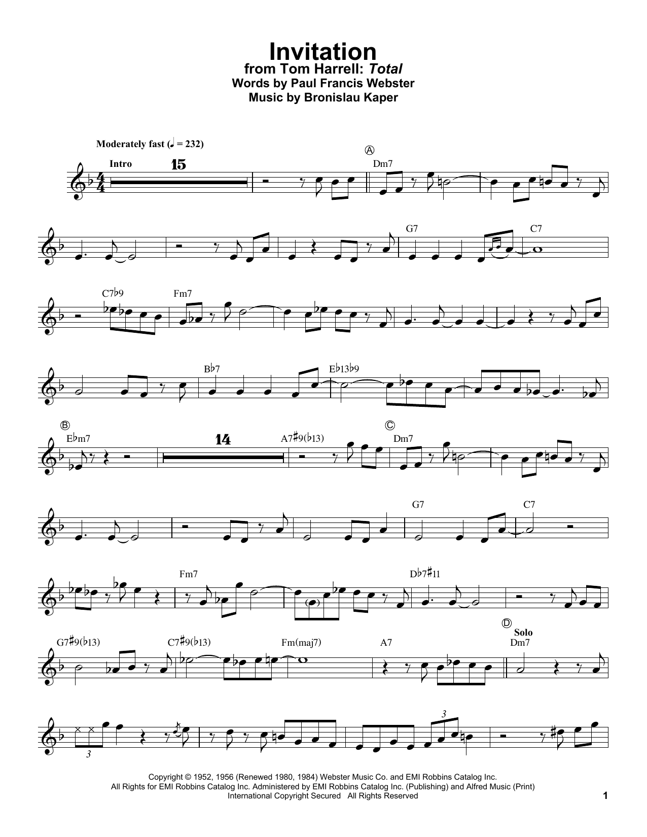 Tom Harrell Invitation Sheet Music Notes & Chords for Real Book – Melody & Chords - Download or Print PDF