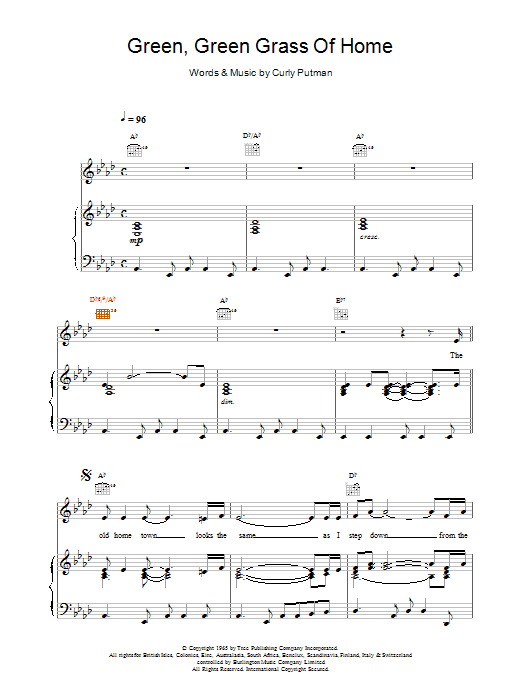 Tom Jones Green Green Grass Of Home Sheet Music Notes & Chords for Piano, Vocal & Guitar (Right-Hand Melody) - Download or Print PDF