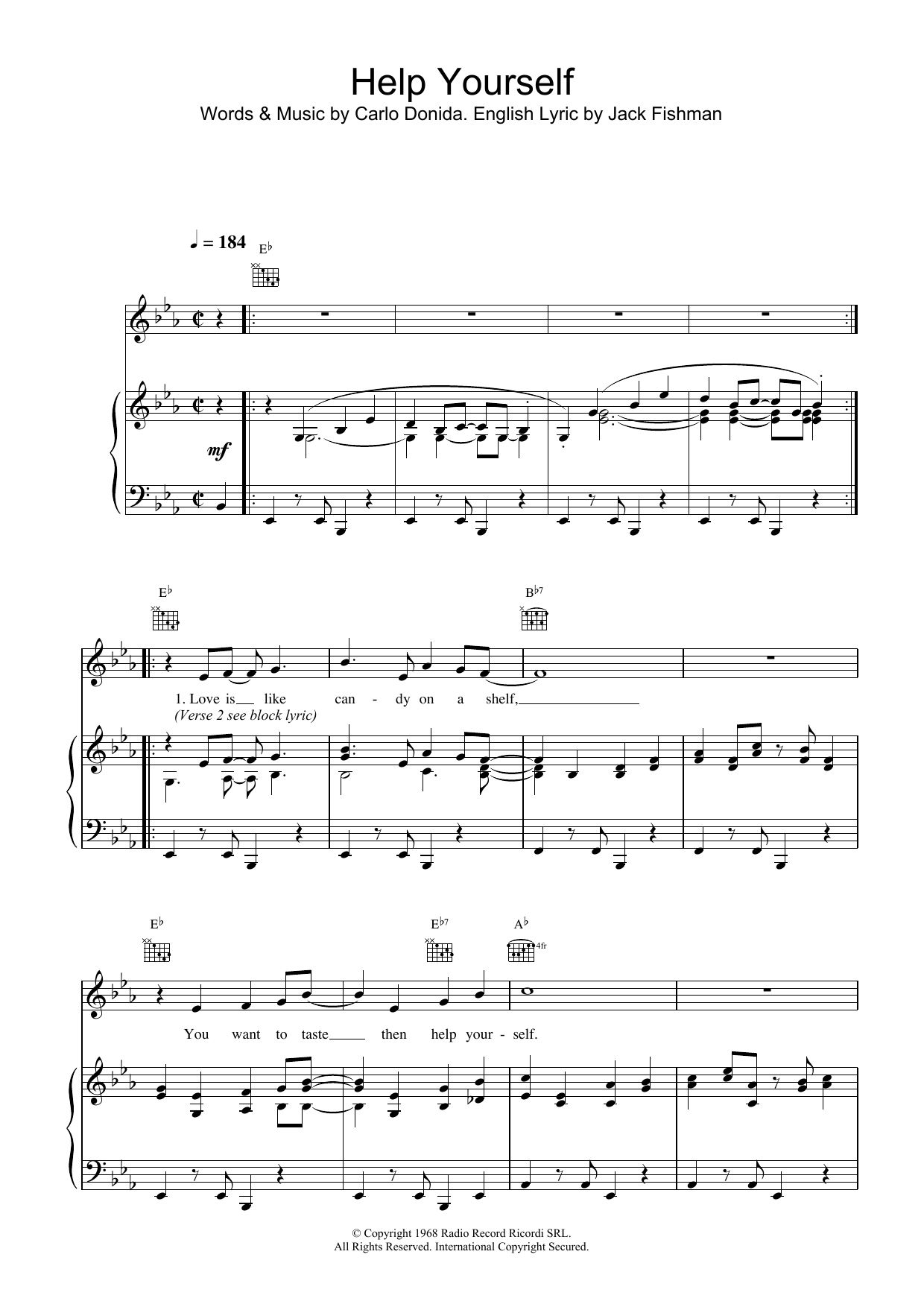 Tom Jones Help Yourself Sheet Music Notes & Chords for Piano, Vocal & Guitar (Right-Hand Melody) - Download or Print PDF