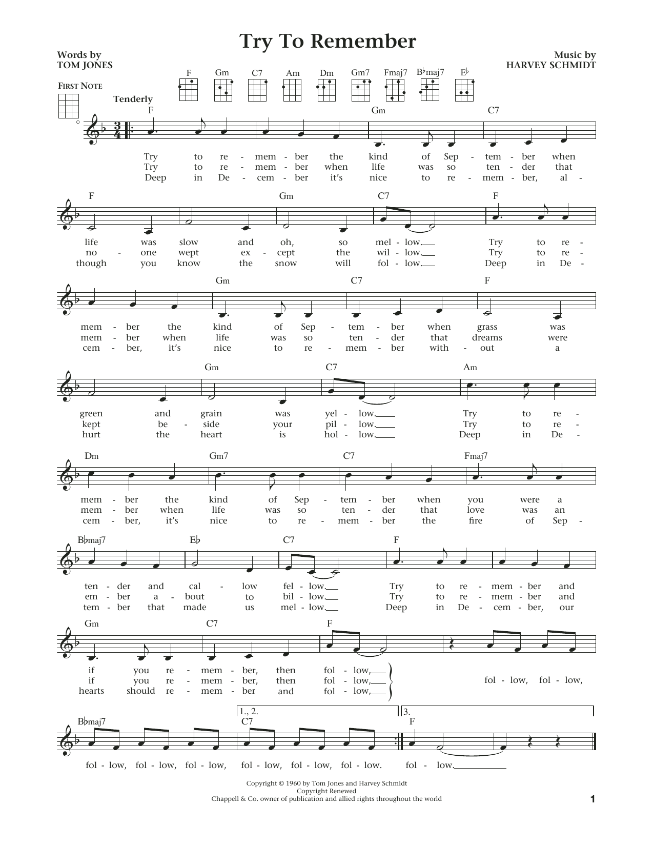 Tom Jones Try To Remember (from The Daily Ukulele) (arr. Liz and Jim Beloff) Sheet Music Notes & Chords for Ukulele - Download or Print PDF