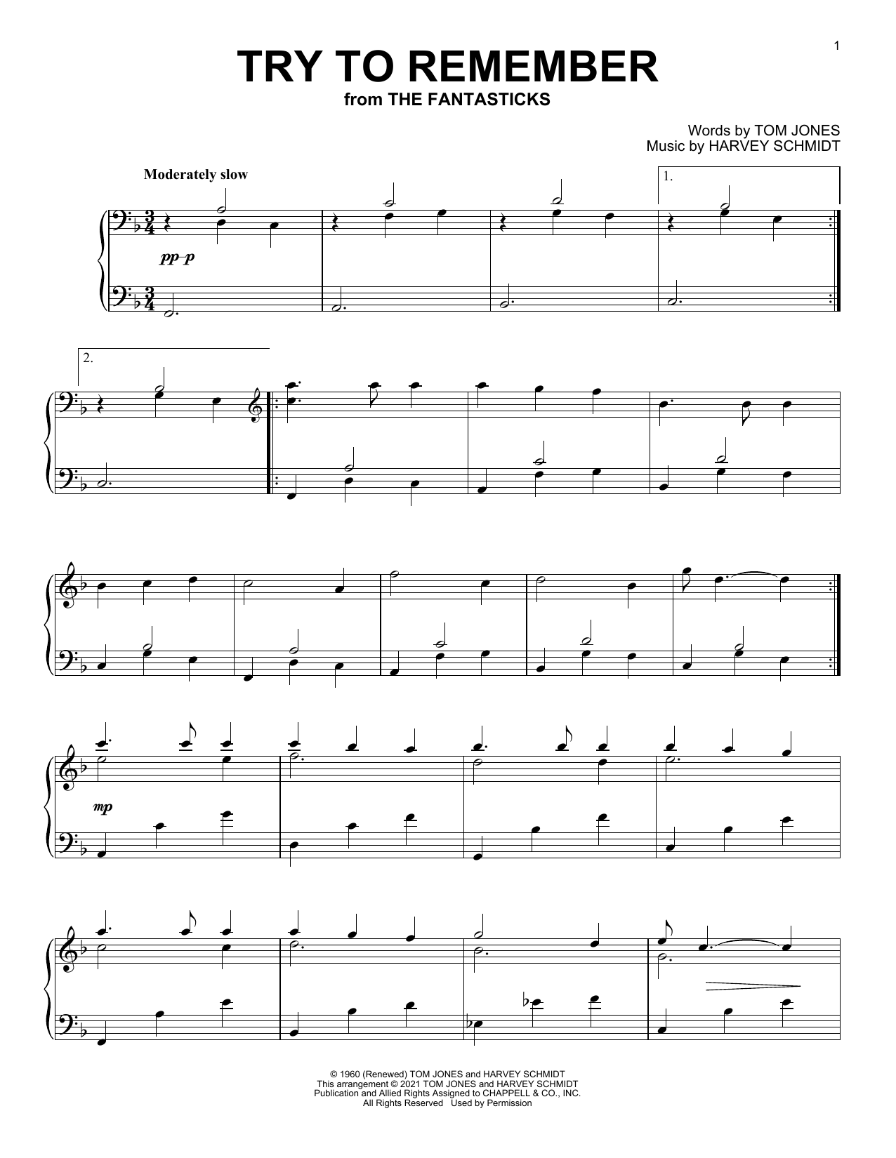 Tom Jones Try To Remember (from The Fantasticks) Sheet Music Notes & Chords for Piano Solo - Download or Print PDF