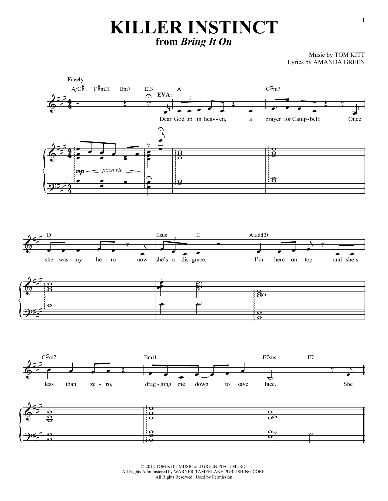 Tom Kitt Killer Instinct (from Bring It On) Sheet Music Notes & Chords for Piano & Vocal - Download or Print PDF