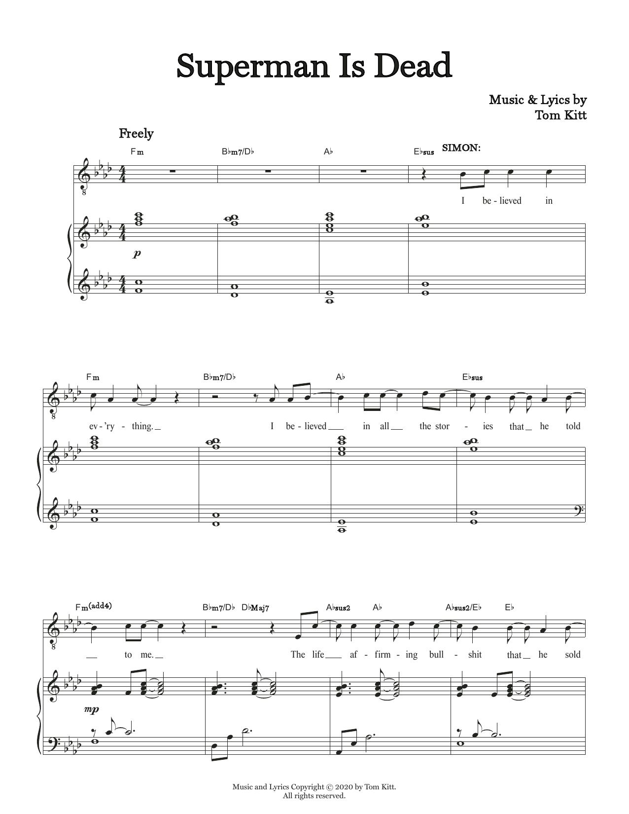Tom Kitt Superman Is Dead (from the musical Superhero) Sheet Music Notes & Chords for Piano & Vocal - Download or Print PDF
