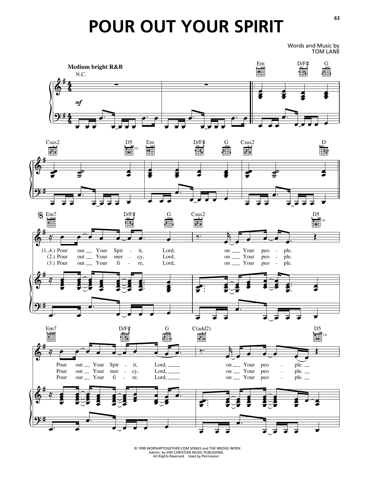 Tom Lane Pour Out Your Spirit Sheet Music Notes & Chords for Piano, Vocal & Guitar Chords (Right-Hand Melody) - Download or Print PDF
