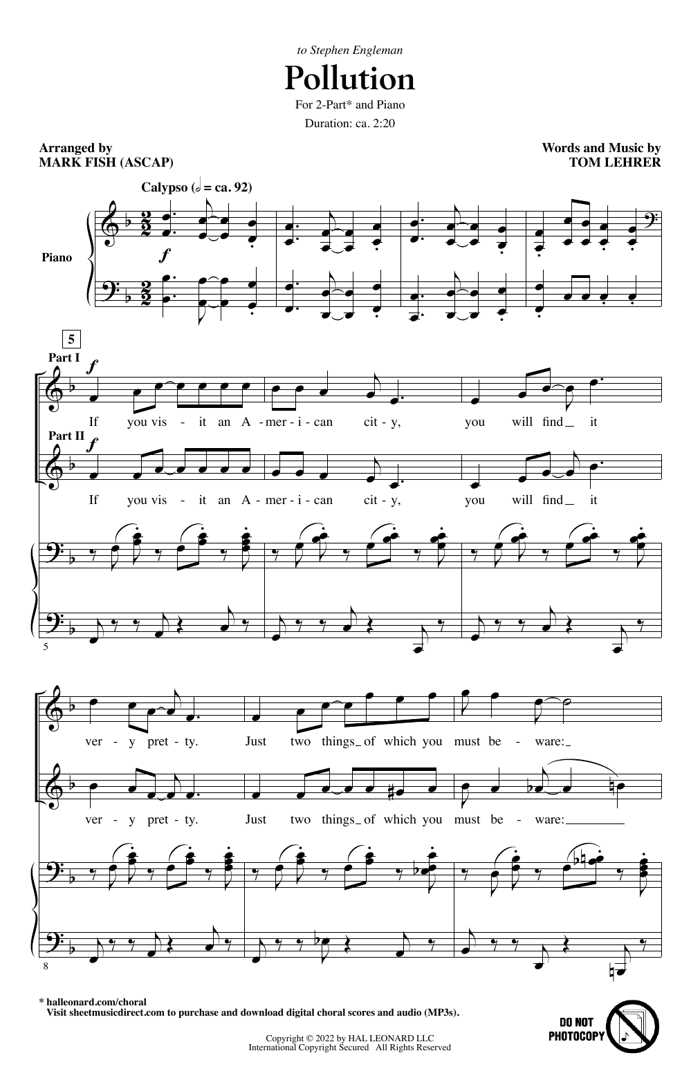 Tom Lehrer Pollution (arr. Mark Fish) Sheet Music Notes & Chords for 2-Part Choir - Download or Print PDF
