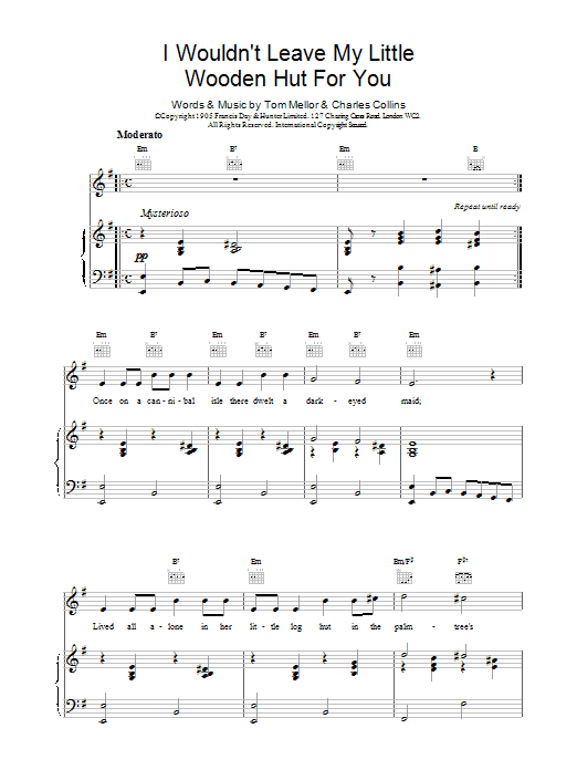 Tom Mellor I Wouldn't Leave My Little Wooden Hut For You Sheet Music Notes & Chords for Piano, Vocal & Guitar (Right-Hand Melody) - Download or Print PDF