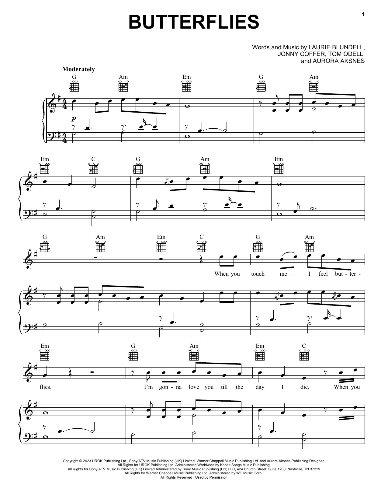 Tom Odell Butterflies (feat. AURORA) Sheet Music Notes & Chords for Piano, Vocal & Guitar Chords (Right-Hand Melody) - Download or Print PDF