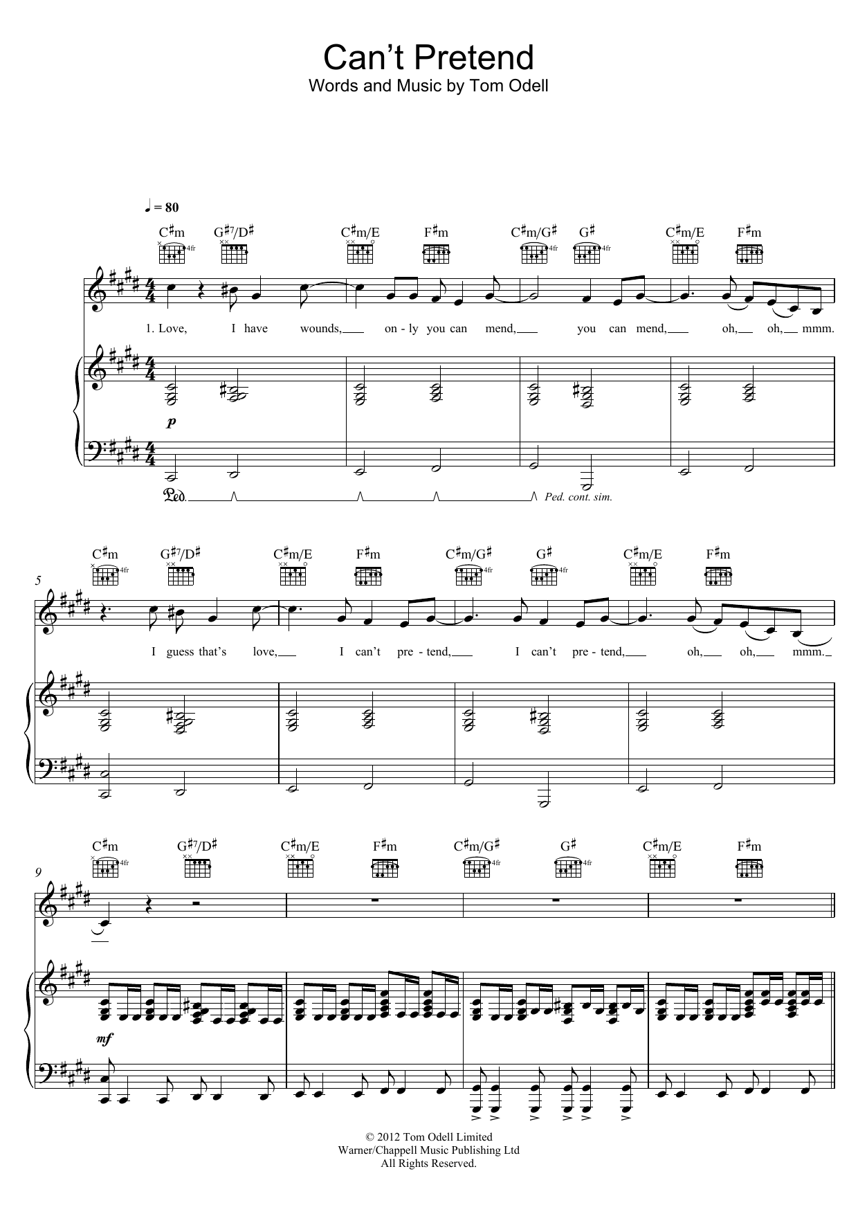 Tom Odell Can't Pretend Sheet Music Notes & Chords for Piano, Vocal & Guitar (Right-Hand Melody) - Download or Print PDF