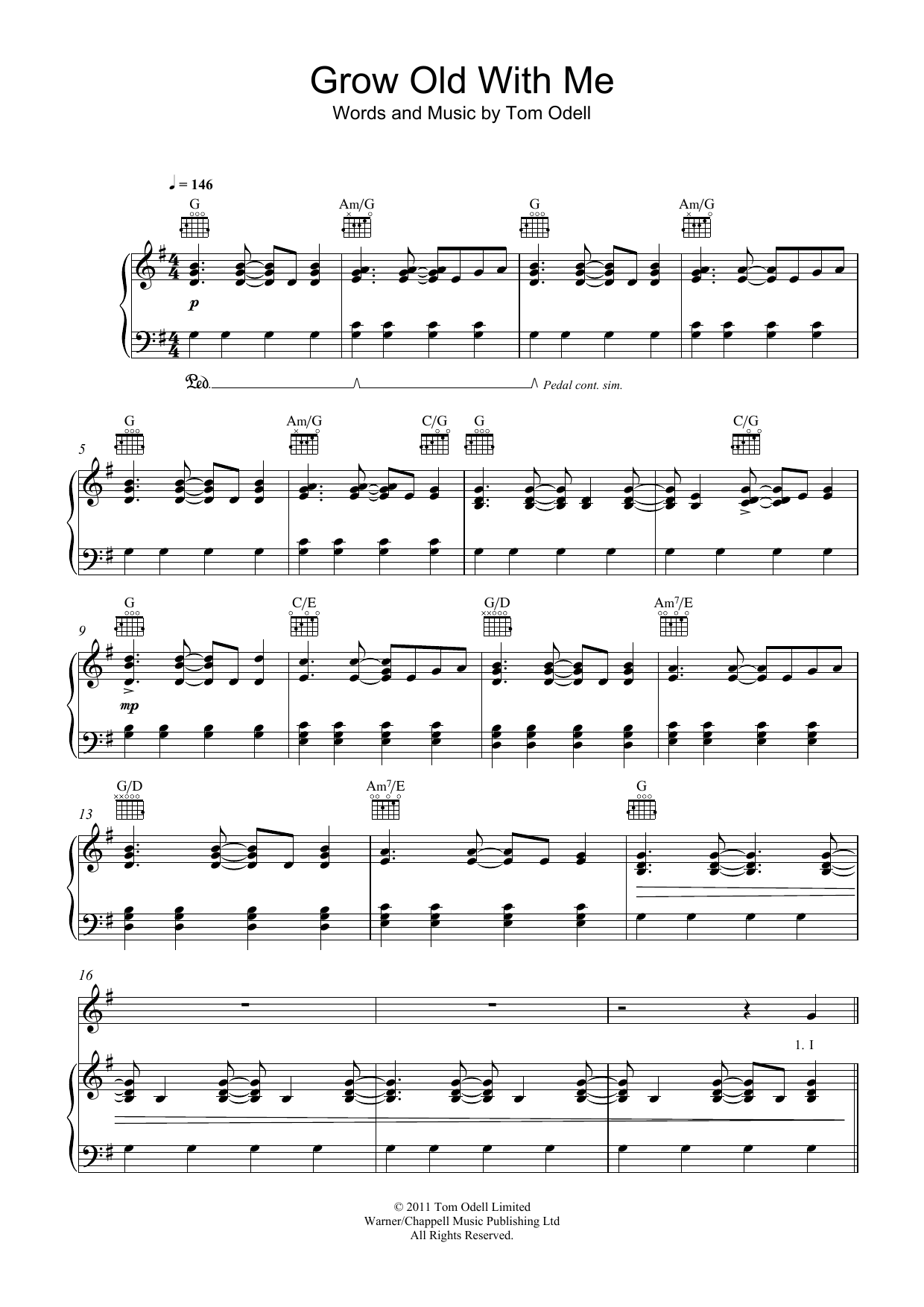 Tom Odell Grow Old With Me Sheet Music Notes & Chords for Piano, Vocal & Guitar (Right-Hand Melody) - Download or Print PDF
