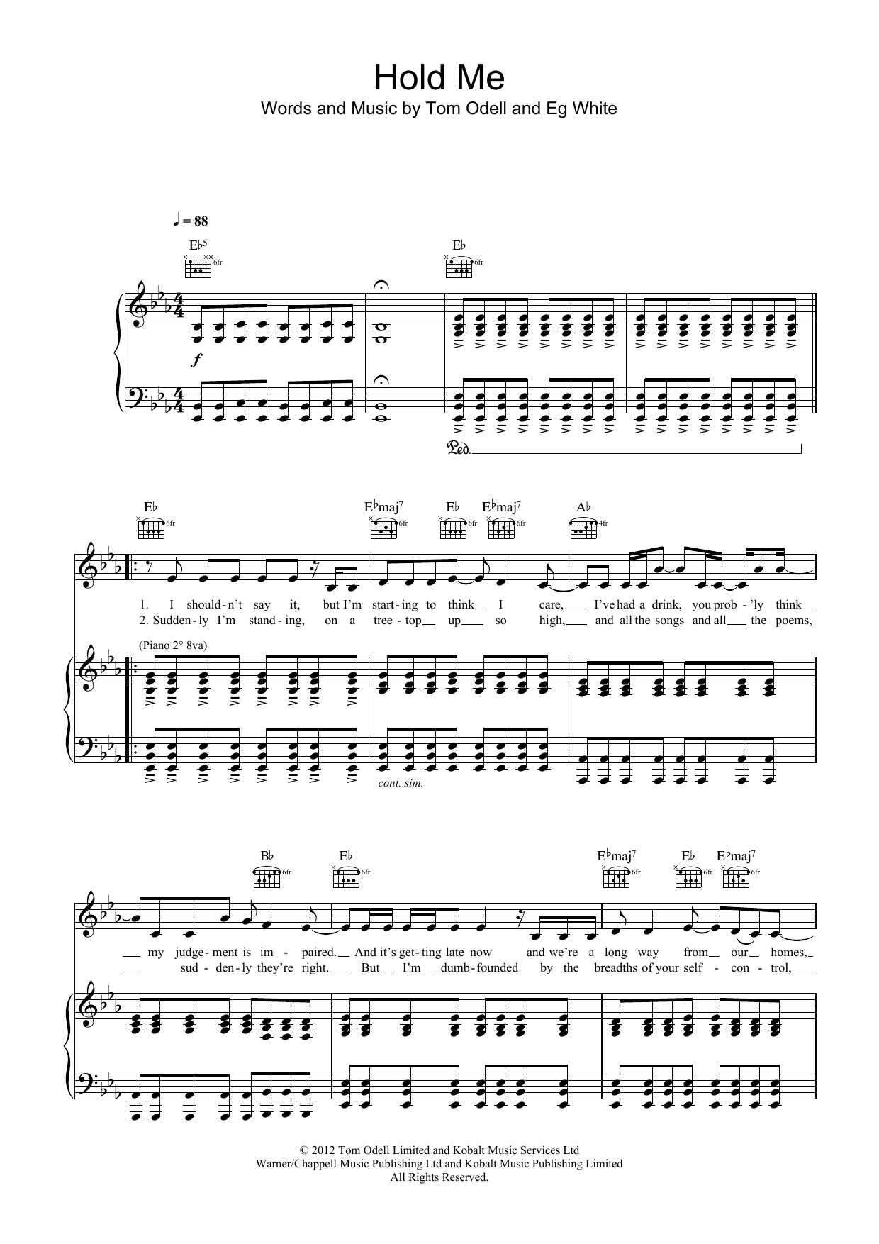 Tom Odell Hold Me Sheet Music Notes & Chords for Piano, Vocal & Guitar (Right-Hand Melody) - Download or Print PDF