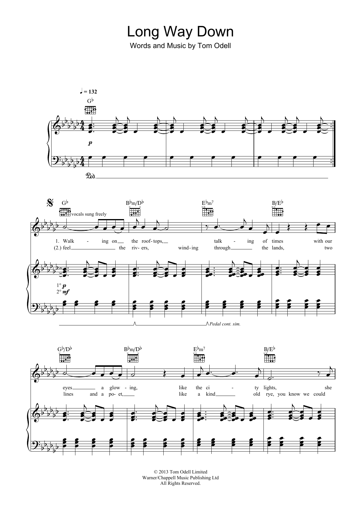 Tom Odell Long Way Down Sheet Music Notes & Chords for Piano, Vocal & Guitar (Right-Hand Melody) - Download or Print PDF