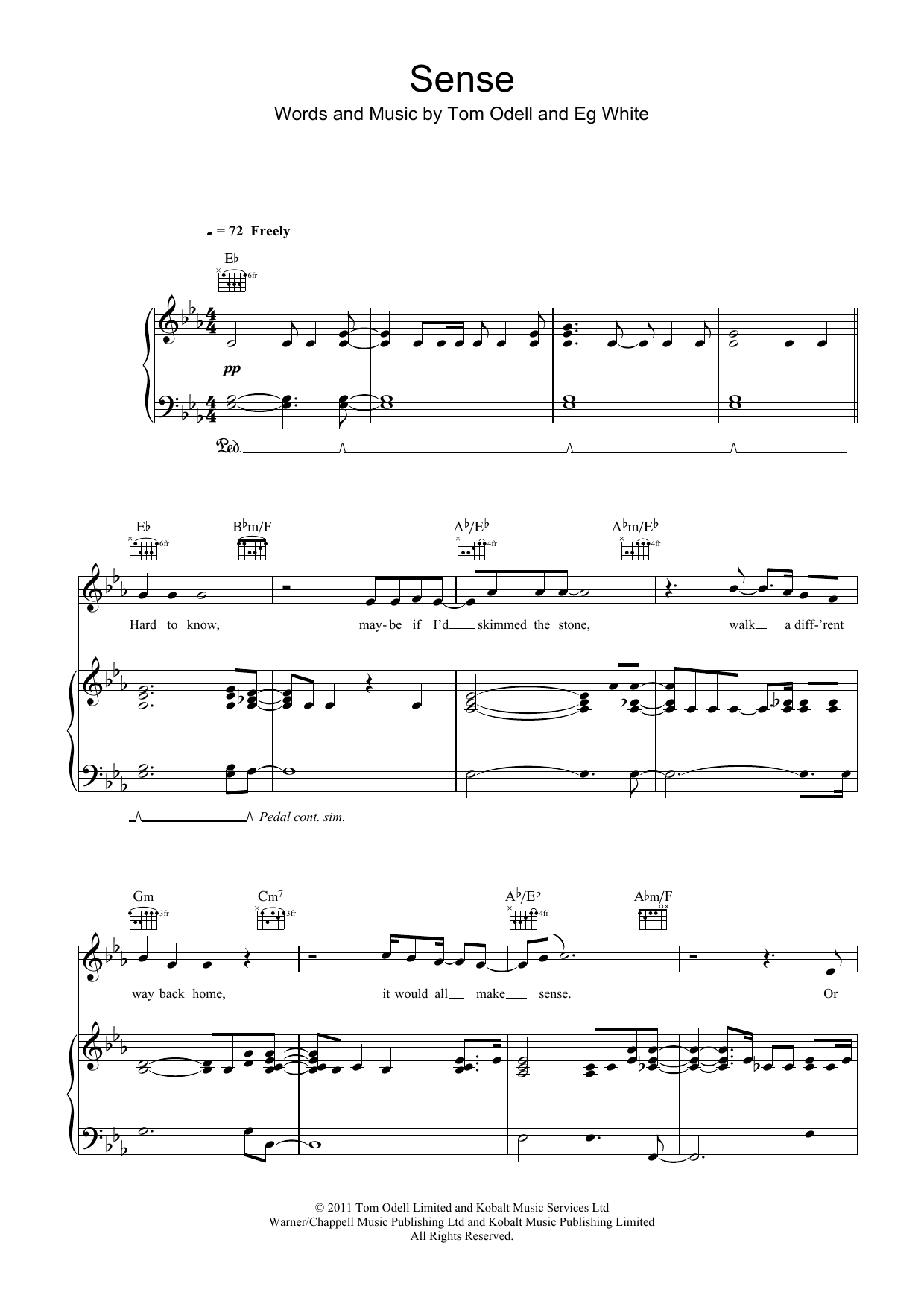 Tom Odell Sense Sheet Music Notes & Chords for Piano, Vocal & Guitar (Right-Hand Melody) - Download or Print PDF