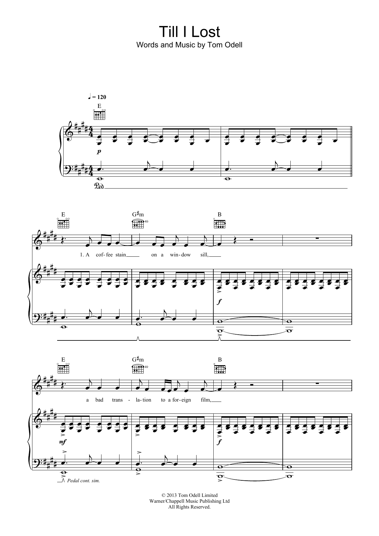 Tom Odell Till I Lost Sheet Music Notes & Chords for Piano, Vocal & Guitar (Right-Hand Melody) - Download or Print PDF