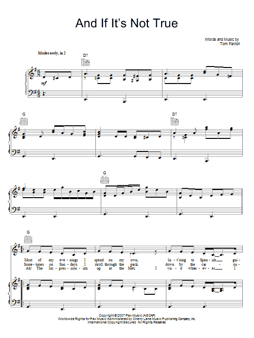 Tom Paxton And If It's Not True Sheet Music Notes & Chords for Piano, Vocal & Guitar (Right-Hand Melody) - Download or Print PDF