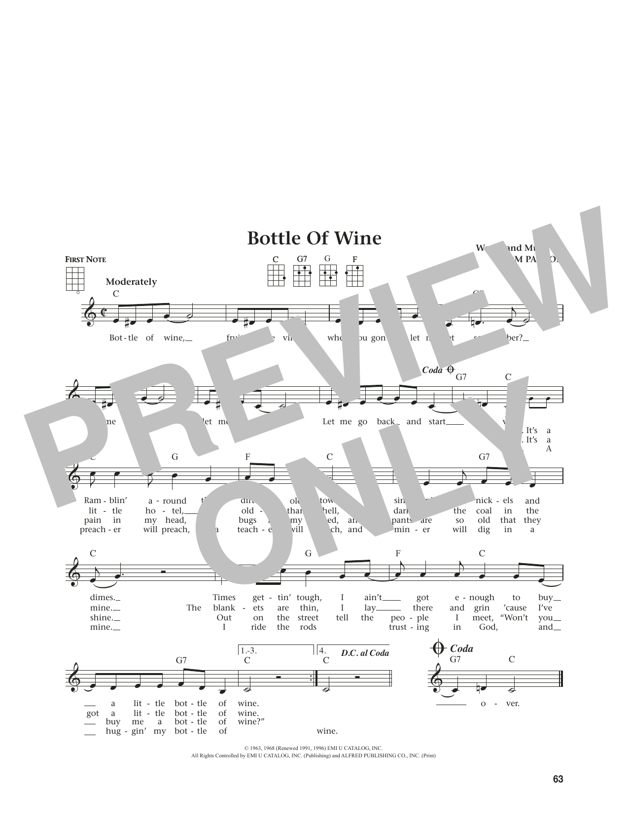 Tom Paxton Bottle Of Wine (from The Daily Ukulele) (arr. Jim Beloff) Sheet Music Notes & Chords for Ukulele - Download or Print PDF