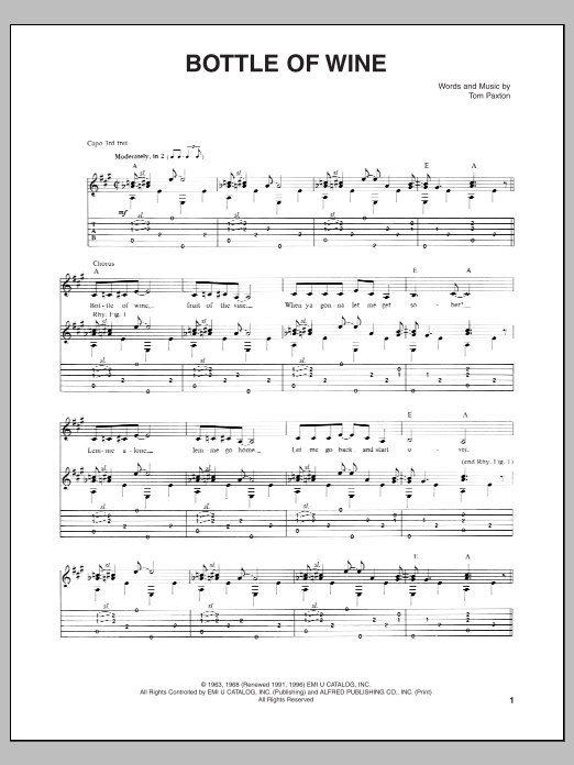 Tom Paxton Bottle Of Wine Sheet Music Notes & Chords for Guitar Tab - Download or Print PDF