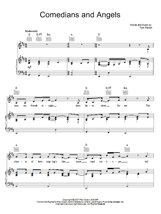 Tom Paxton Comedians And Angels Sheet Music Notes & Chords for Piano, Vocal & Guitar (Right-Hand Melody) - Download or Print PDF