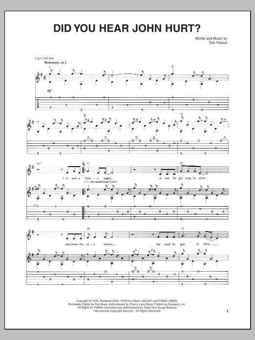 Tom Paxton Did You Hear John Hurt? Sheet Music Notes & Chords for Guitar Tab - Download or Print PDF