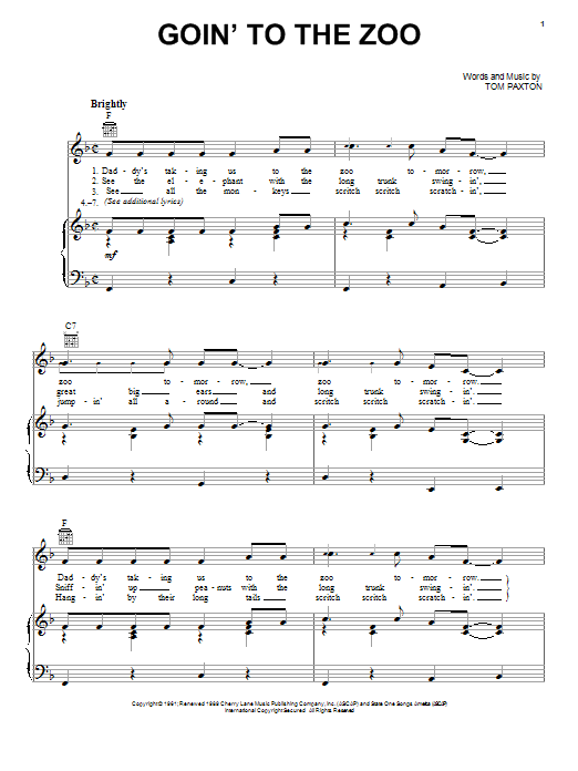 Tom Paxton Goin' To The Zoo Sheet Music Notes & Chords for Piano, Vocal & Guitar (Right-Hand Melody) - Download or Print PDF