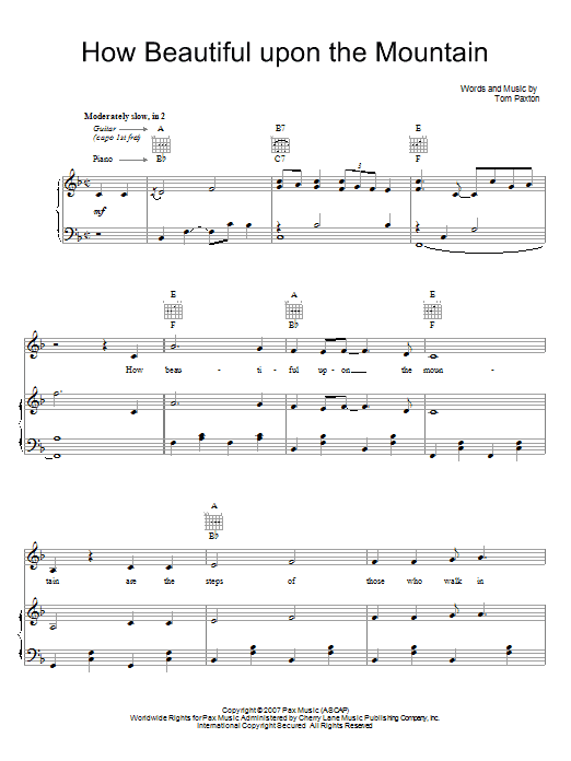 Tom Paxton How Beautiful Upon The Mountain Sheet Music Notes & Chords for Piano, Vocal & Guitar (Right-Hand Melody) - Download or Print PDF