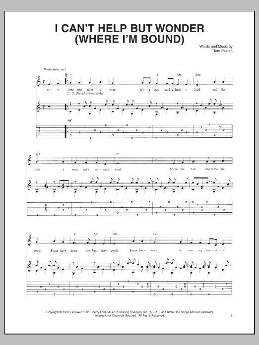 Tom Paxton I Can't Help But Wonder (Where I'm Bound) Sheet Music Notes & Chords for Lyrics & Chords - Download or Print PDF