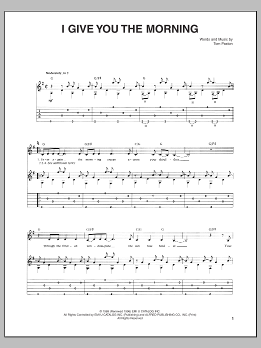 Tom Paxton I Give You The Morning Sheet Music Notes & Chords for Guitar Tab - Download or Print PDF