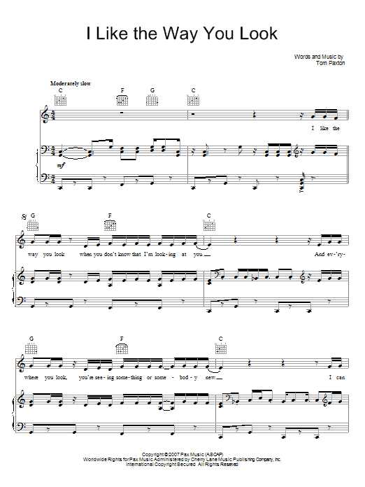 Tom Paxton I Like The Way You Look Sheet Music Notes & Chords for Piano, Vocal & Guitar (Right-Hand Melody) - Download or Print PDF