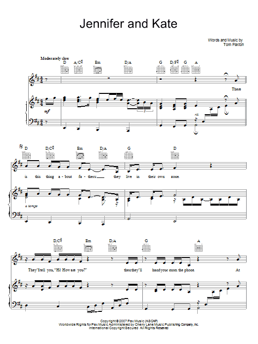 Tom Paxton Jennifer And Kate Sheet Music Notes & Chords for Piano, Vocal & Guitar (Right-Hand Melody) - Download or Print PDF