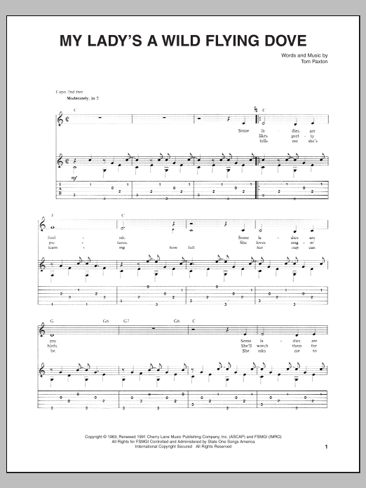 Tom Paxton My Lady's A Wild Flying Dove Sheet Music Notes & Chords for Guitar Tab - Download or Print PDF
