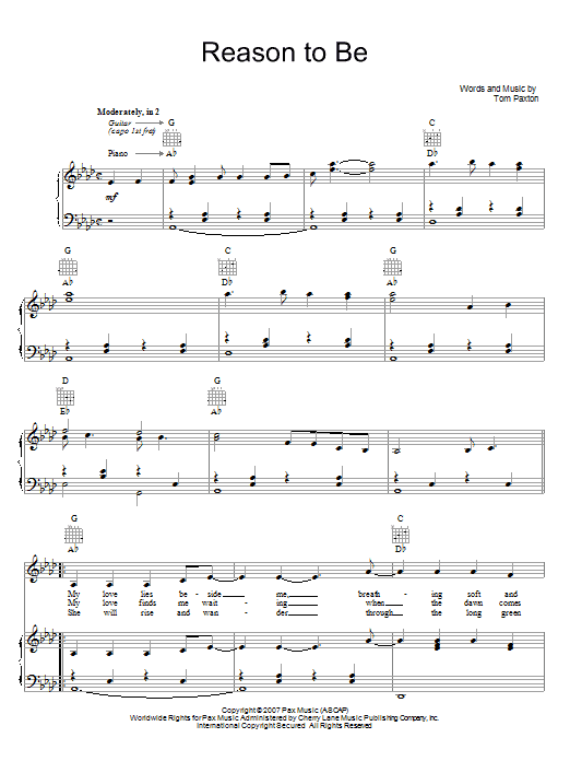 Tom Paxton Reason To Be Sheet Music Notes & Chords for Piano, Vocal & Guitar (Right-Hand Melody) - Download or Print PDF