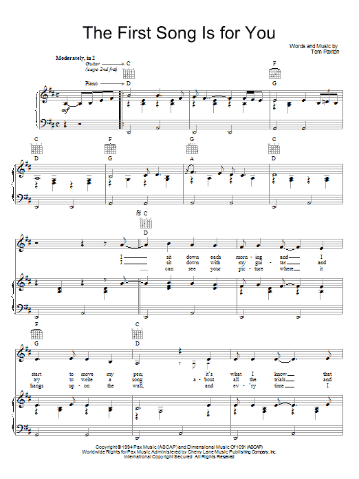 Tom Paxton The First Song Is For You Sheet Music Notes & Chords for Piano, Vocal & Guitar (Right-Hand Melody) - Download or Print PDF