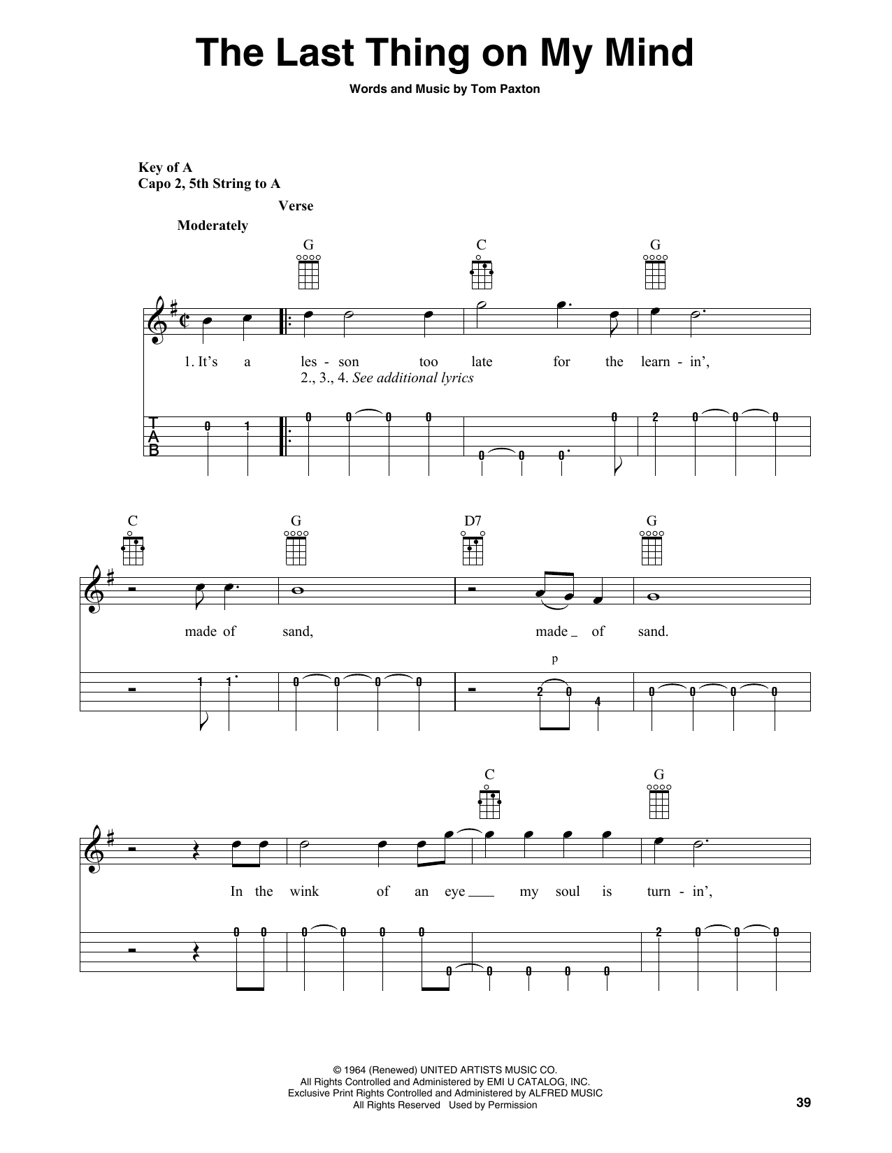 Tom Paxton The Last Thing On My Mind (arr. Fred Sokolow) Sheet Music Notes & Chords for Banjo Tab - Download or Print PDF