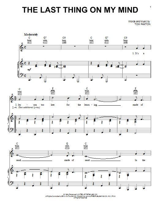 Tom Paxton The Last Thing On My Mind Sheet Music Notes & Chords for Piano, Vocal & Guitar (Right-Hand Melody) - Download or Print PDF