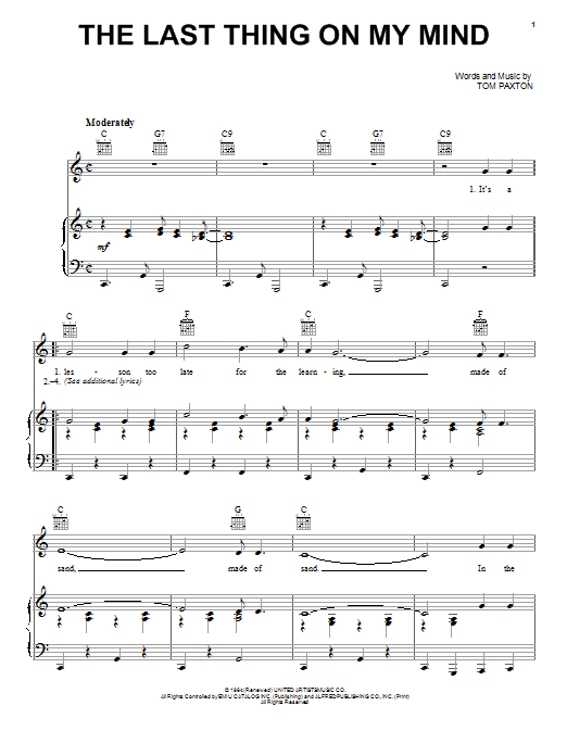 Tom Paxton The Last Thing On My Mind Sheet Music Notes & Chords for Guitar Tab - Download or Print PDF