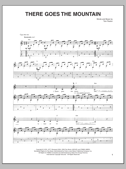 Tom Paxton There Goes The Mountain Sheet Music Notes & Chords for Guitar Tab - Download or Print PDF