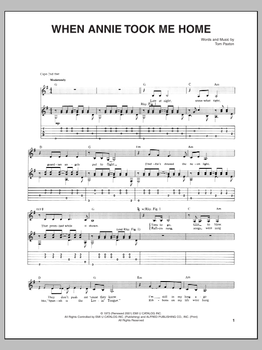 Tom Paxton When Annie Took Me Home Sheet Music Notes & Chords for Guitar Tab - Download or Print PDF