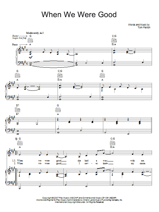 Tom Paxton When We Were Good Sheet Music Notes & Chords for Piano, Vocal & Guitar (Right-Hand Melody) - Download or Print PDF