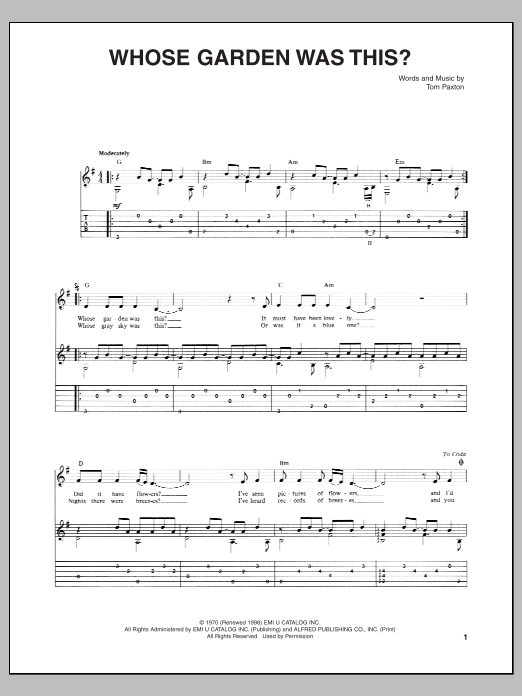 Tom Paxton Whose Garden Was This? Sheet Music Notes & Chords for Guitar Tab - Download or Print PDF