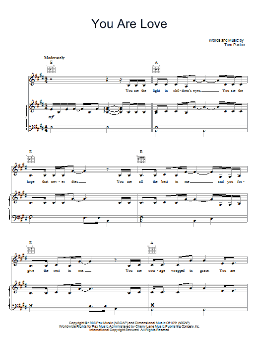 Tom Paxton You Are Love Sheet Music Notes & Chords for Piano, Vocal & Guitar (Right-Hand Melody) - Download or Print PDF