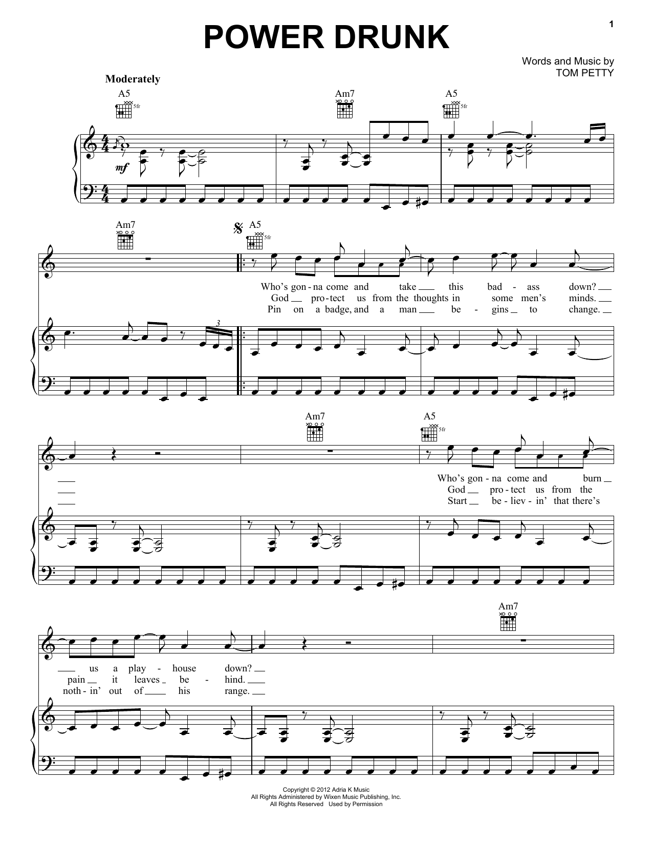 Tom Petty & the Heartbreakers Power Drunk Sheet Music Notes & Chords for Piano, Vocal & Guitar (Right-Hand Melody) - Download or Print PDF