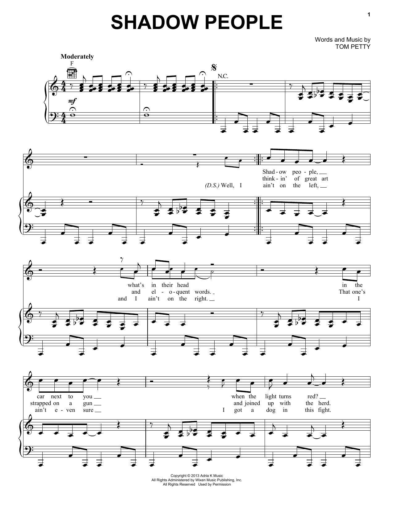 Tom Petty & the Heartbreakers Shadow People Sheet Music Notes & Chords for Piano, Vocal & Guitar (Right-Hand Melody) - Download or Print PDF