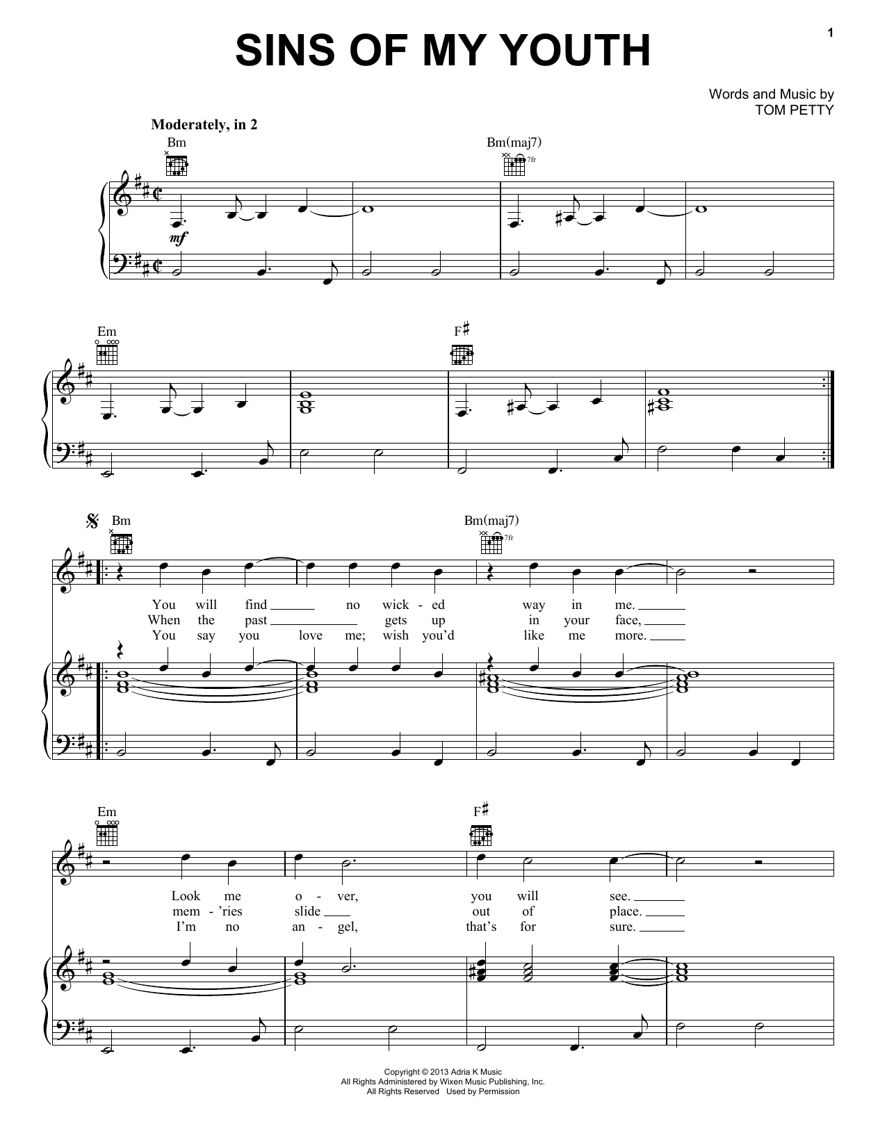 Tom Petty & the Heartbreakers Sins Of My Youth Sheet Music Notes & Chords for Piano, Vocal & Guitar (Right-Hand Melody) - Download or Print PDF